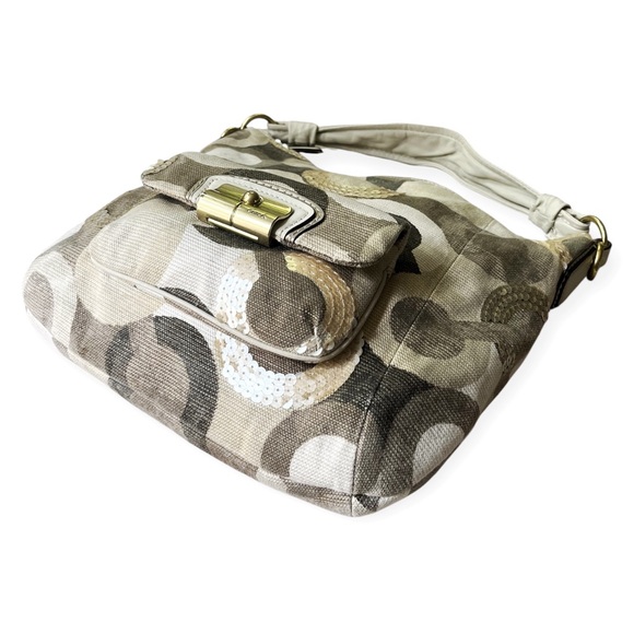Coach Kristin Signature C Sequin Tan Ivory Khaki Canvas Hobo Tote Shoulder Bag - Picture 7 of 16